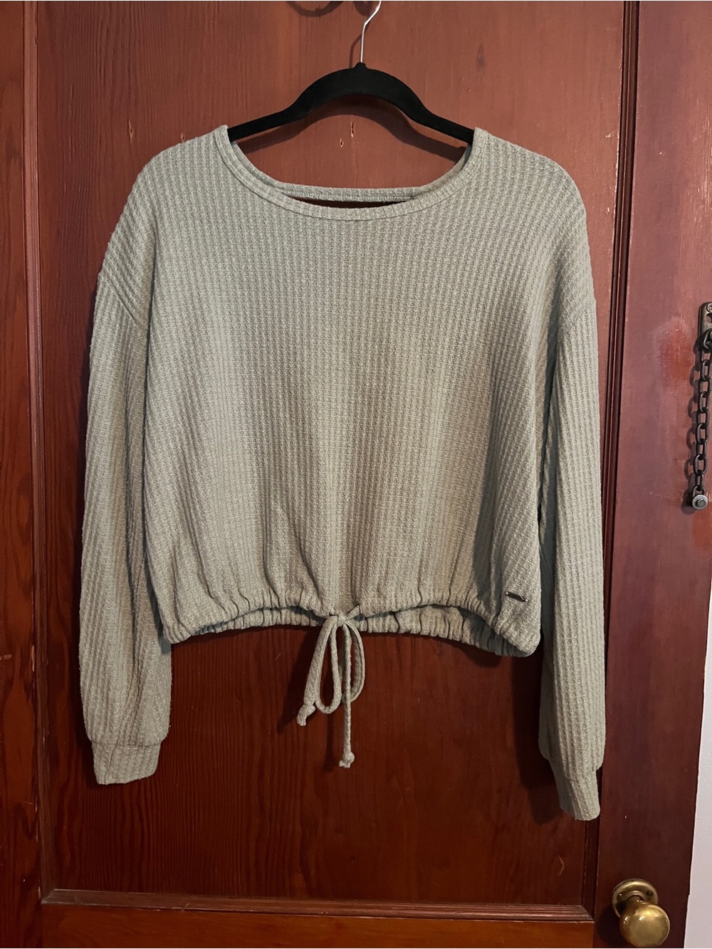 Hollister Light Sage Green Waffle Long Sleeve Tie-Waist Top